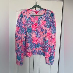 Lilly Pulitzer Jansen Sweatshirt Pink Blue Floral Tropical Resort Size XL NWT
